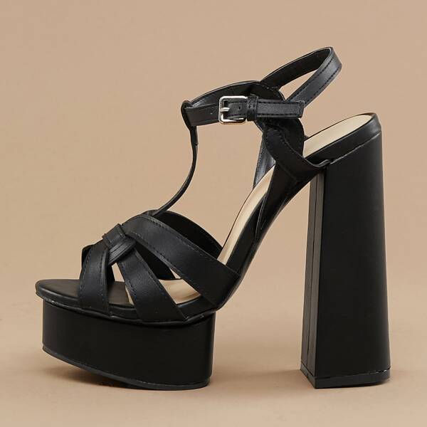 

Woven Detail Buckled Ankle Platform Chunky Heels, Black