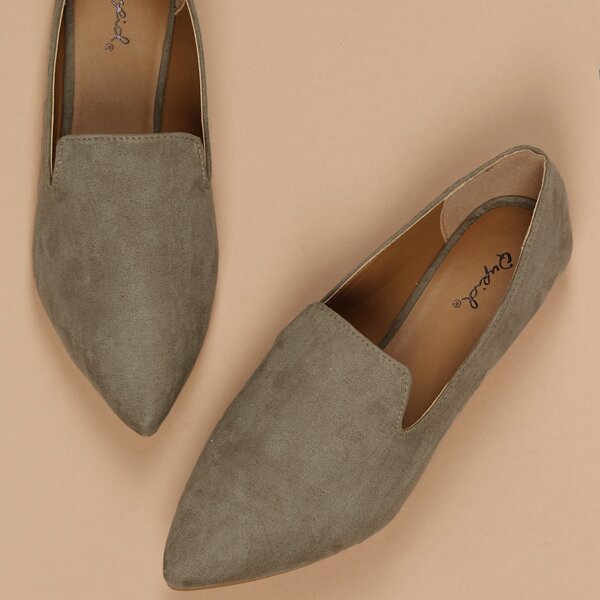 

High Vamp Slip On Pointed Toe Loafers, Khaki