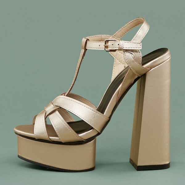 

Weave Detail Buckled Ankle Chunky Heel Sandals, Gold