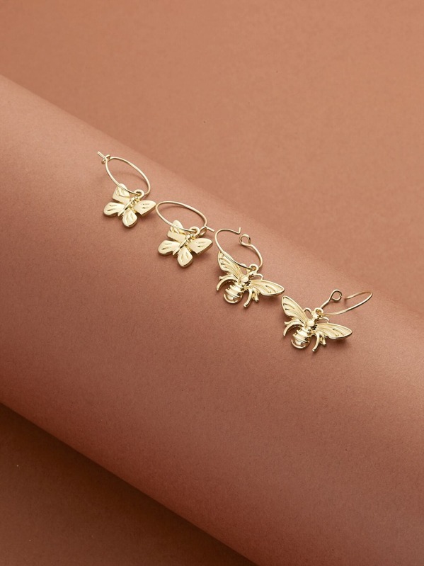 

2pairs Bee & Butterfly Drop Earrings, Gold