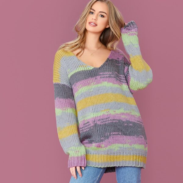 

V-Neck Multi Colored Oversized Tunic Sweater, Multicolor