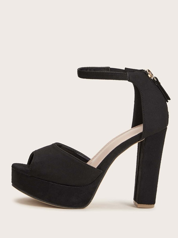 

Peep Toe Zip Back Chunky Heels, Black