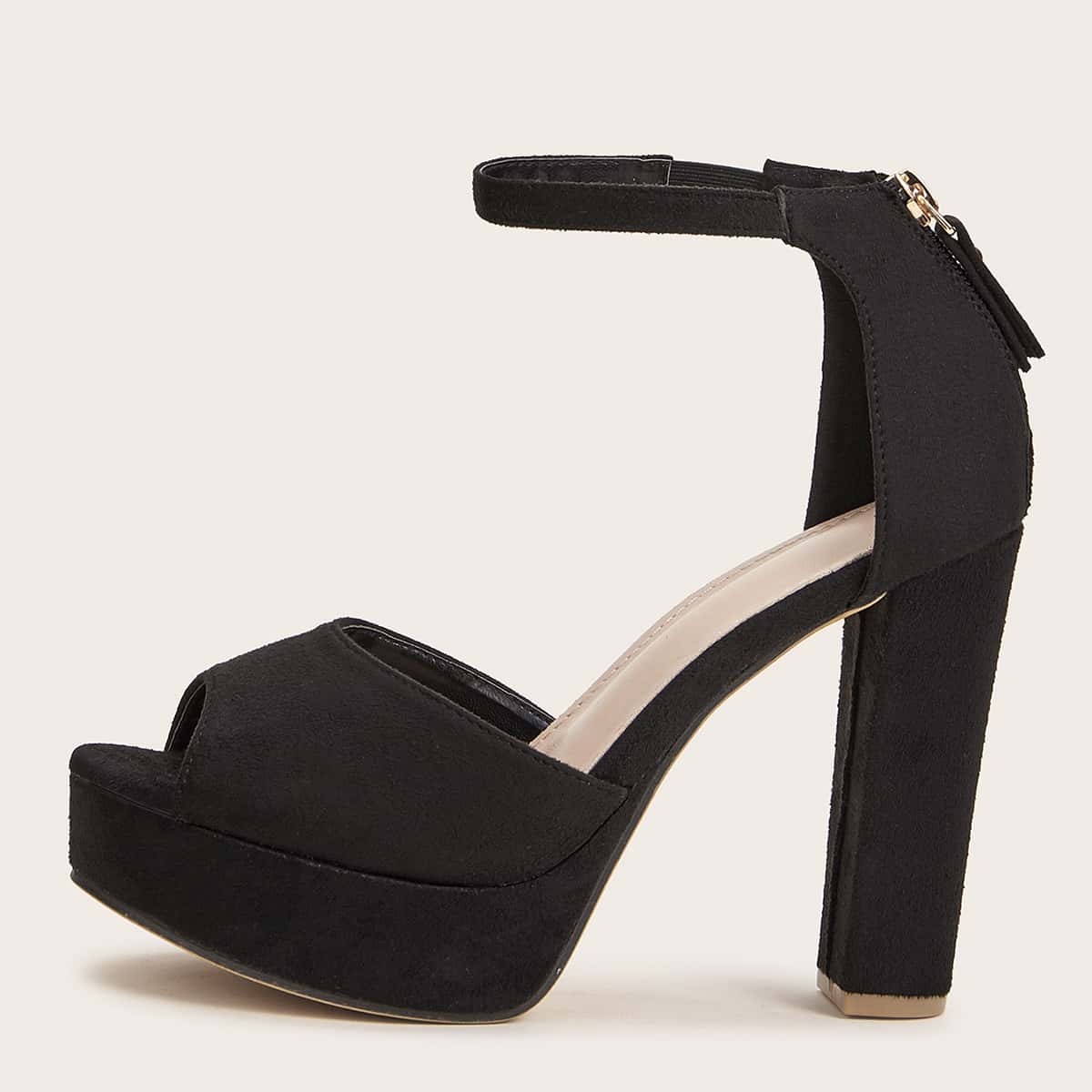 

Peep Toe Zip Back Chunky Heels, Black