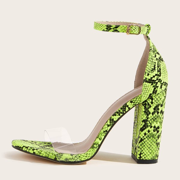 

Snakeskin Print Ankle Strap Chunky Heels, Green bright