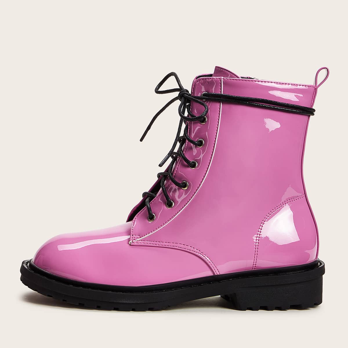 

Patent Lace-up Front Combat Boots, Pink