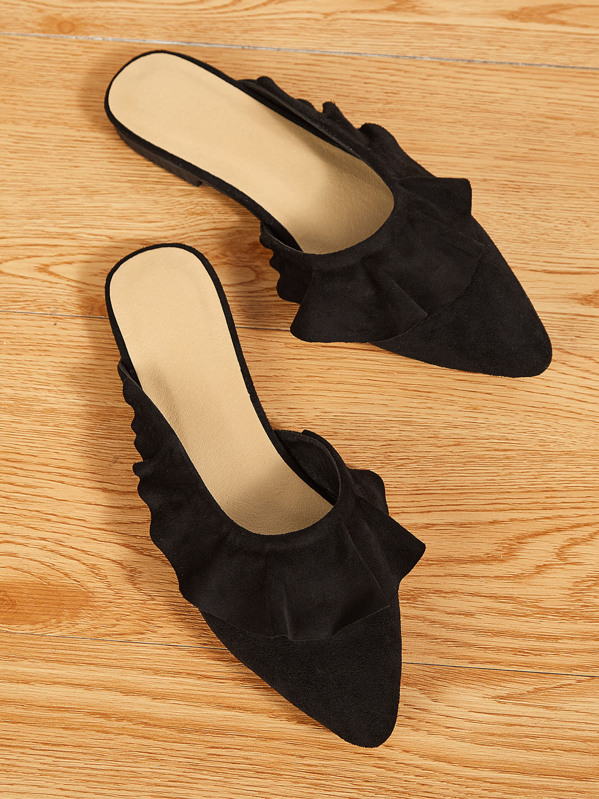 

Point Toe Ruffle Decor Flat Mules, Black