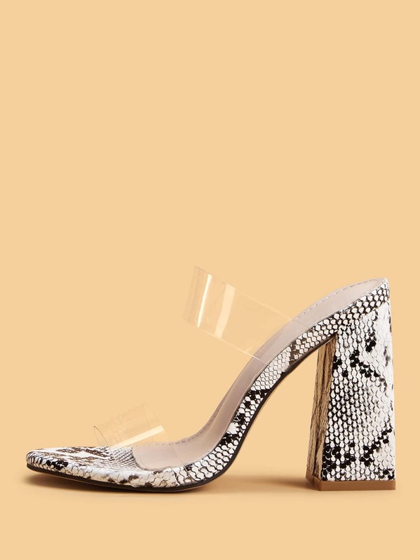 Double Clear Strap Chunky Heeled Mules, Multicolor