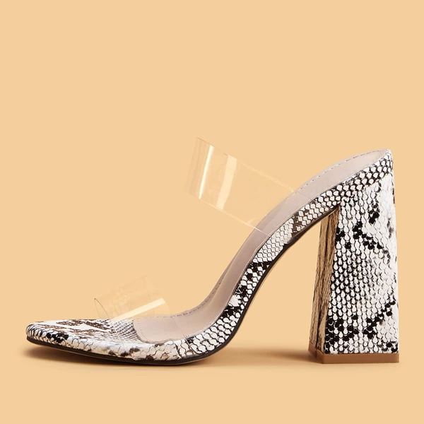 

Double Clear Strap Chunky Heeled Mules, Multicolor