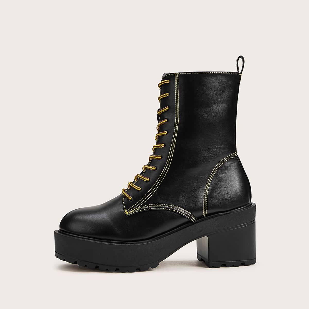 

Lace-up Front Side Zip Chunky Boots, Black