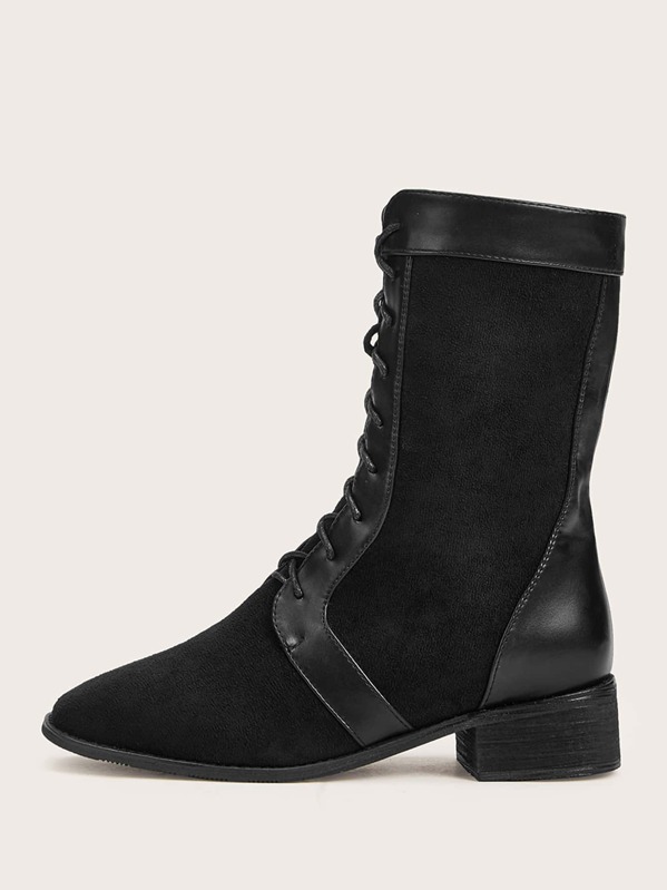 

Lace-up Front Suede Panel Boots, Black