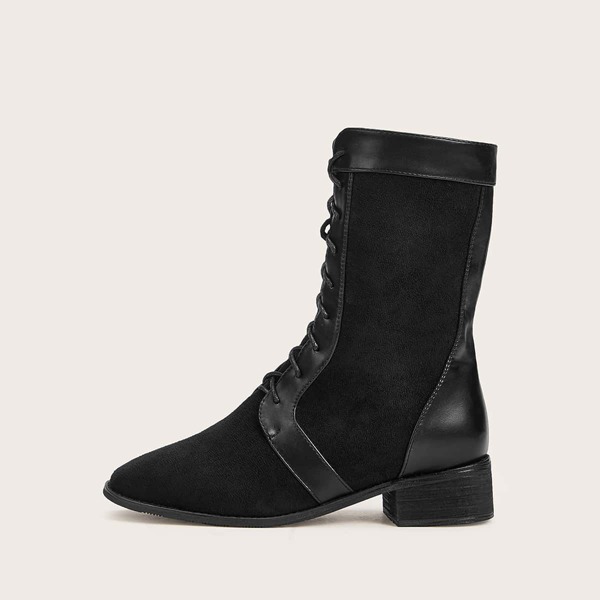 

Lace-up Front Suede Panel Boots, Black