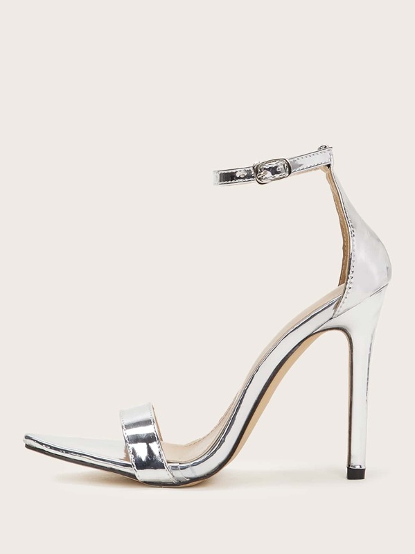 

Metallic Ankle Strap Stiletto Heels, Silver