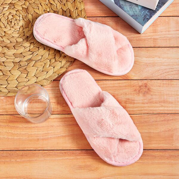 

Cross Strap Fluffy Slippers, Pink