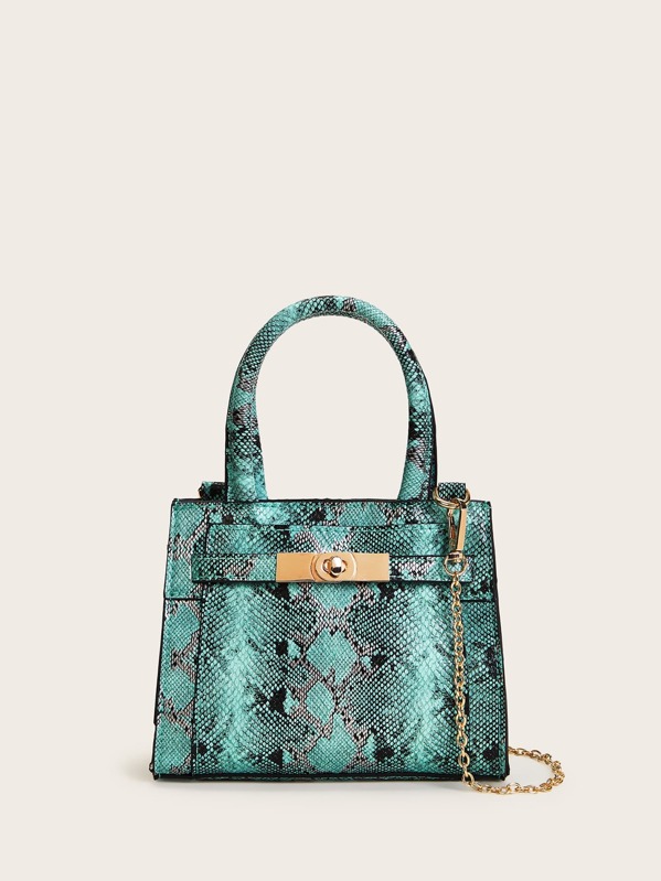 

Twist Lock Snakeskin Satchel Bag, Green