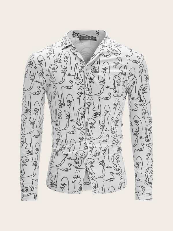 

Men Allover Figure Print Revere Collar Shirt, Black and white