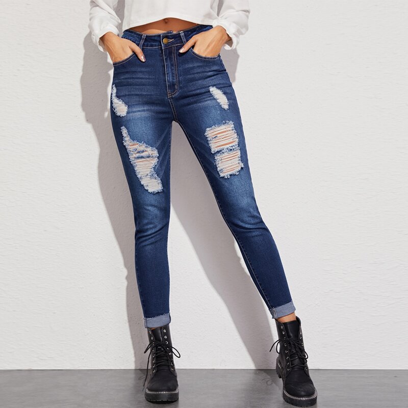 

Dark Wash Ripped Skinny Jeans, Navy