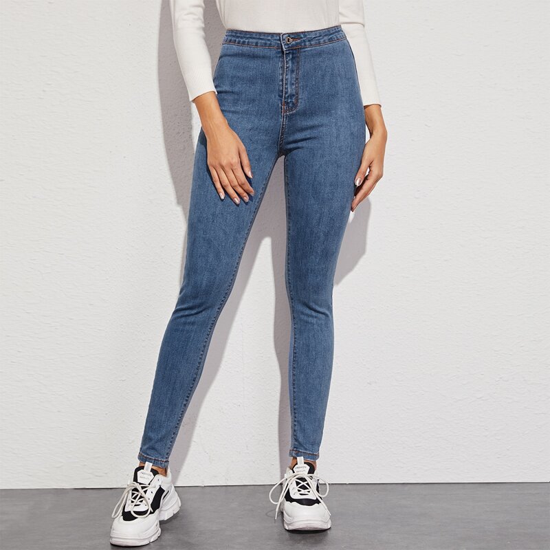 

Topstitching Button Fly Skinny Jeans, Blue