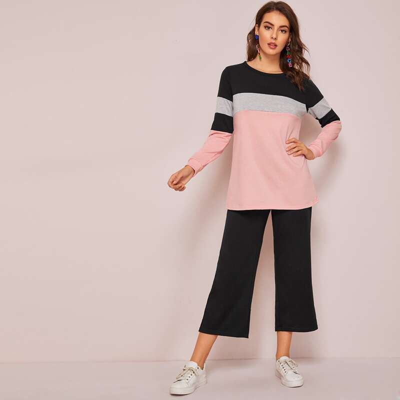 

Color Block Pullover & Cropped Joggers Set, Multicolor