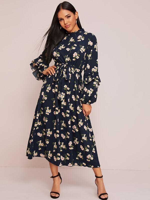 

Frilled Neck Ruffle Trim Floral Print Belted Dress, Navy, Tina