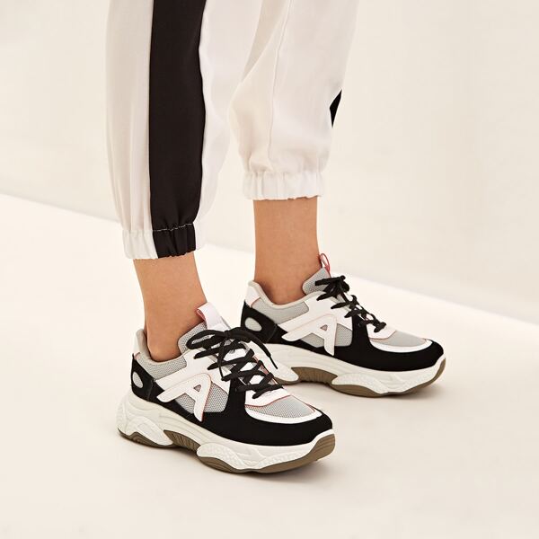 

Lace-up Front Mesh Panel Chunky Sneakers, Black and white