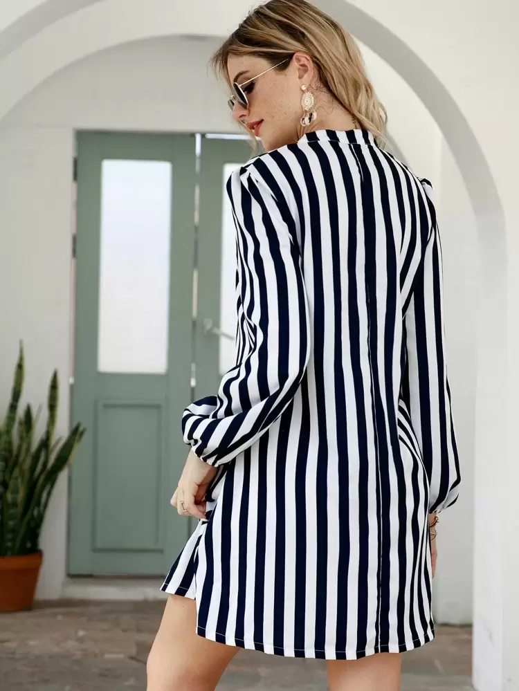 Striped Notched Neck Tunic Dress