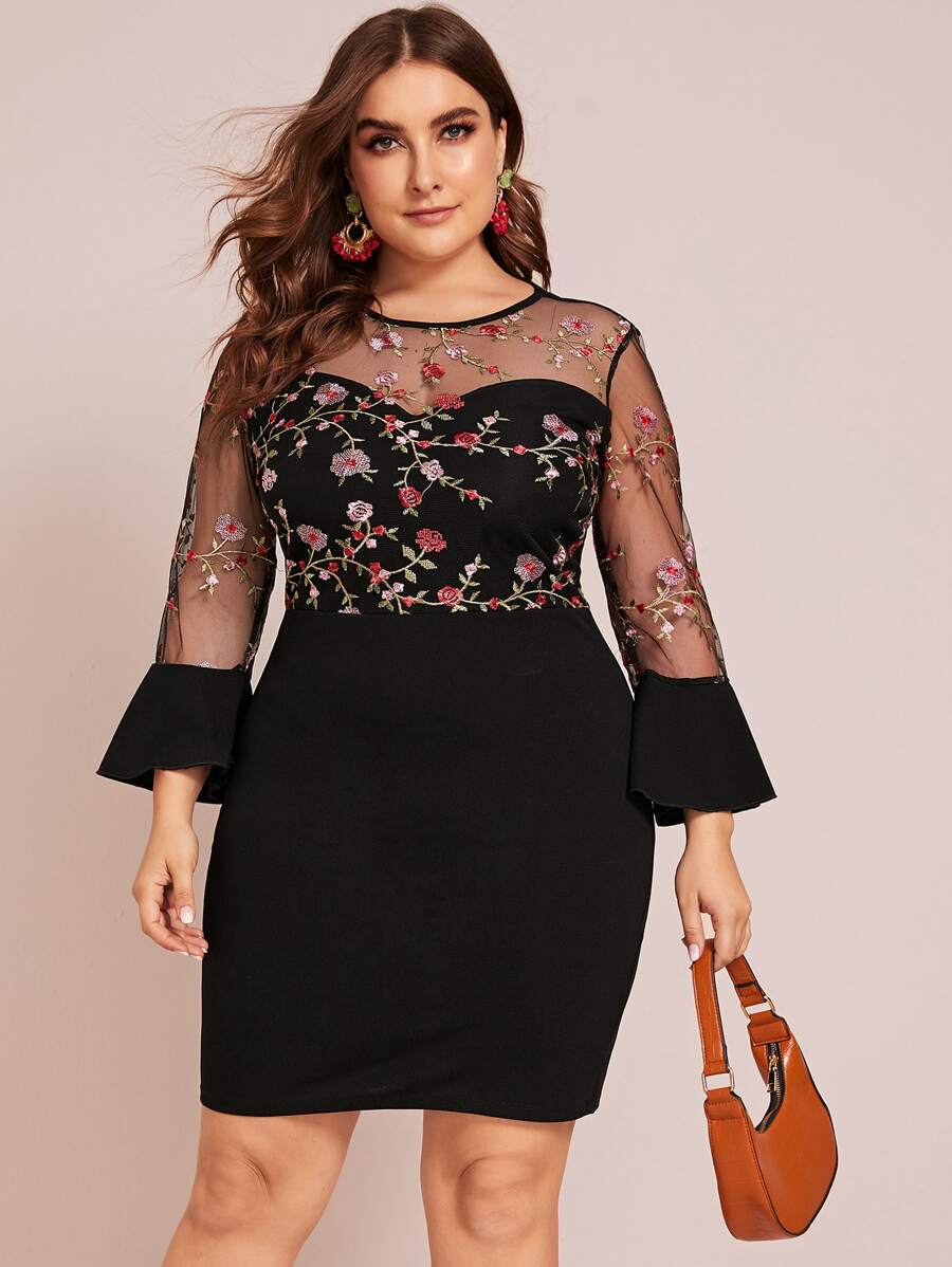 SHEIN Clasi 大碼刺繡網紗細節荷葉邊袖包臀洋裝 - 黑色 - 查看 1