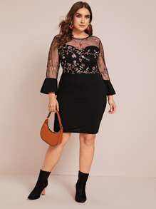 SHEIN Clasi 大碼刺繡網紗細節荷葉邊袖包臀洋裝 - 黑色 - 查看 3