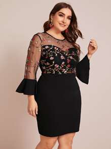 SHEIN Clasi 大碼刺繡網紗細節荷葉邊袖包臀洋裝 - 黑色 - 查看 5