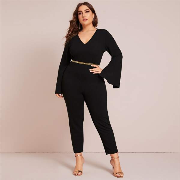 

Plus V-neck Split Bell Sleeve Solid Jumpsuit Without Belt, Black
