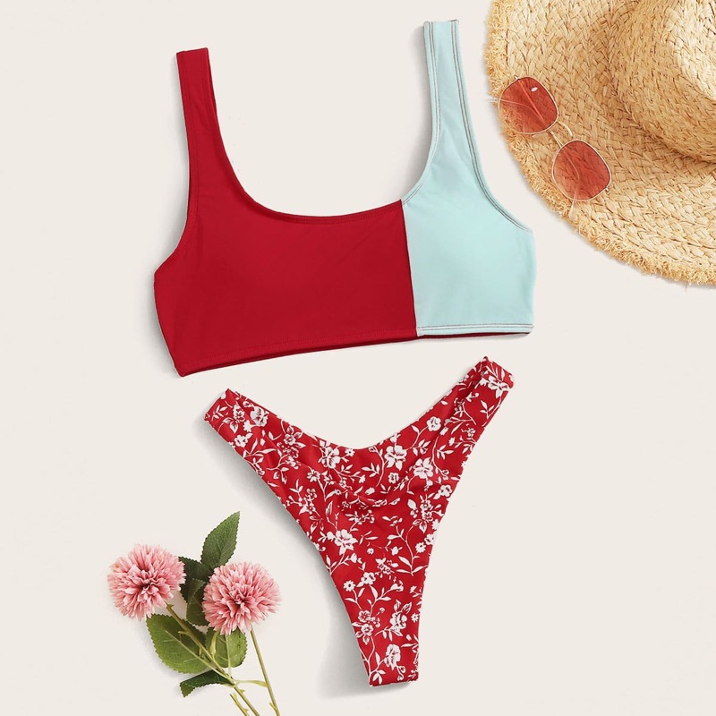 

Colorblock Top With Ditsy Floral Print Bikini Set, Multicolor