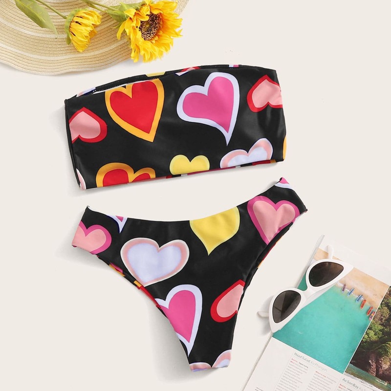

Heart Print Bandeau Bikini Set, Multicolor