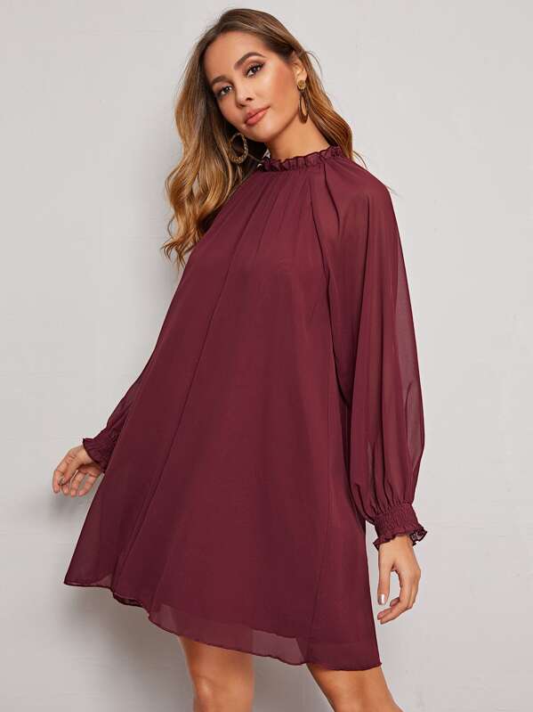 

Frill Trim Raglan Sleeve Shirred Cuff Dress, Burgundy, Giulia