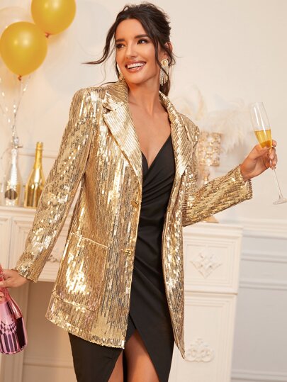 Notched Collar Single Breasted Sequin Blazer