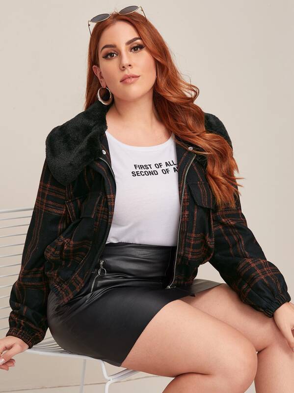 

Plus Contrast Faux Fur Plaid Jacket, Multicolor, Mafe