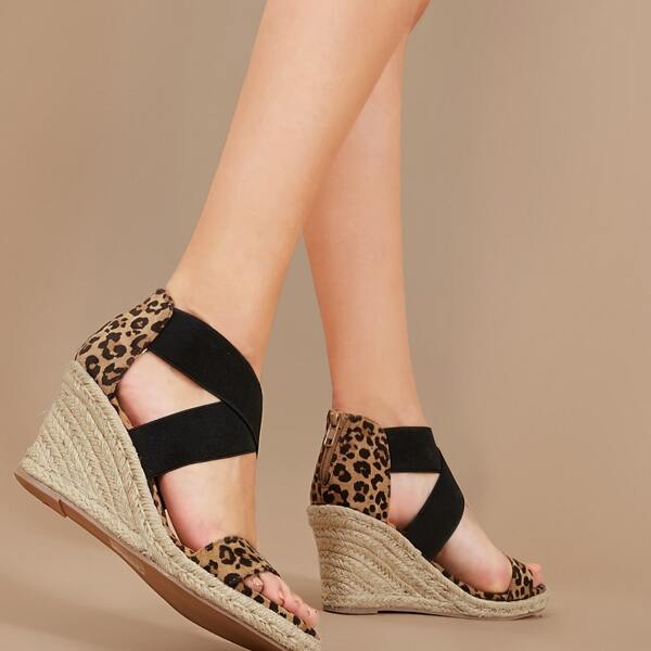 

Open Toe Cheetah Jute Wedge Sandals, Black
