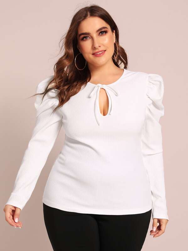 

Plus Tie Neck Leg-of-mutton Sleeve Rib-knit Tee, White, Franziska