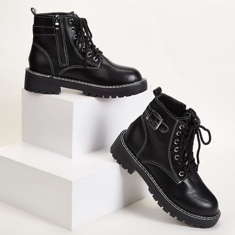 

Buckle Decor Lace-up Lug Sole Boots, Black