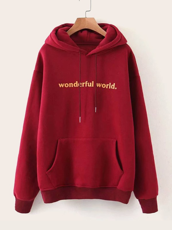 

Letter Graphic Kangaroo Pocket Front Drawstring Hoodie, Red