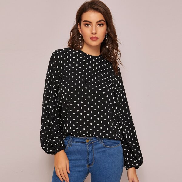 

Polka Dot Print Keyhole Back Blouse, Black