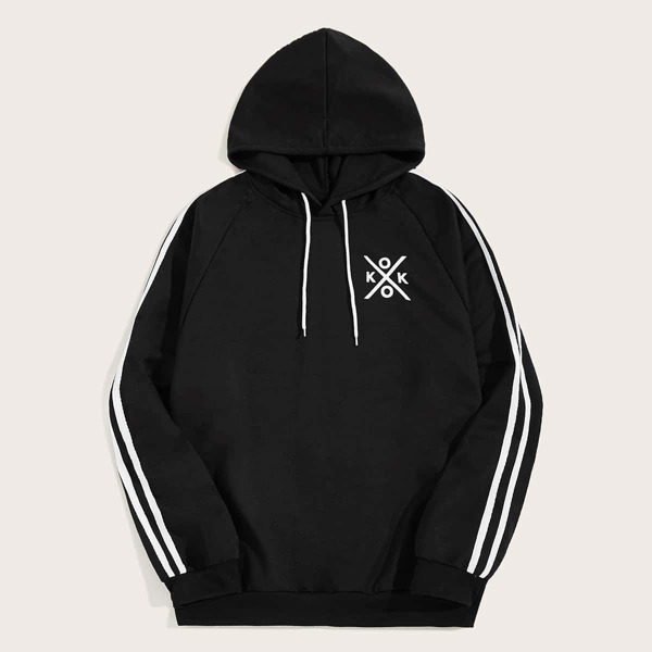 

Men Side Stripe Raglan Sleeve Drawstring Hoodie, Black