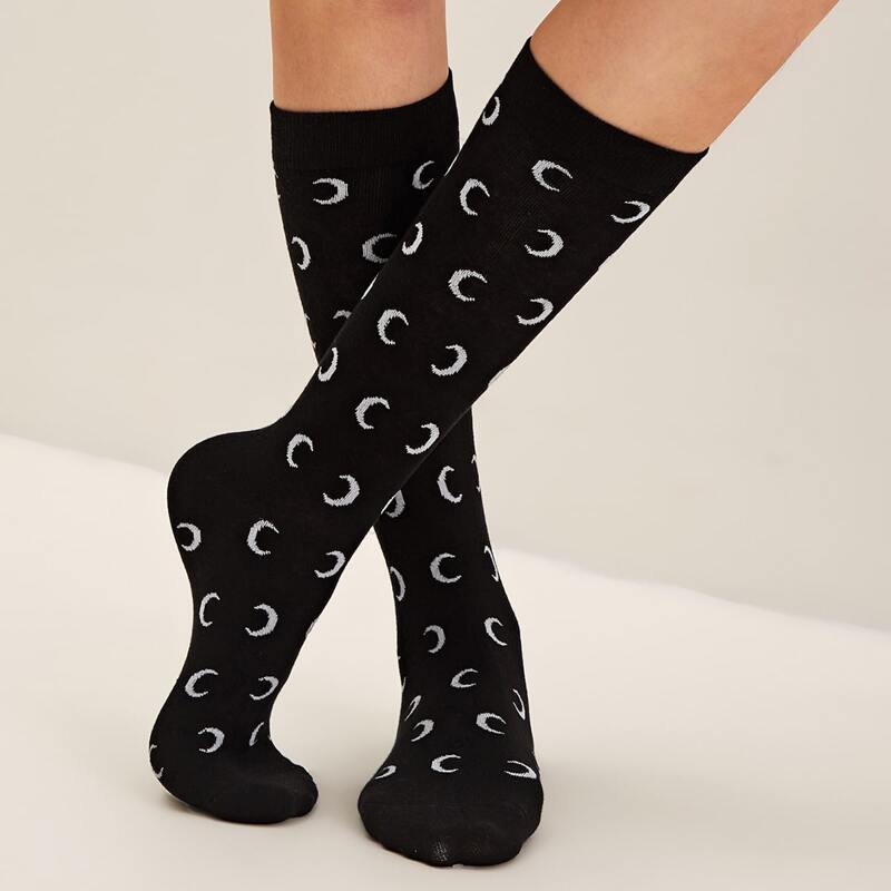 

1pair Moon Print Socks, Black
