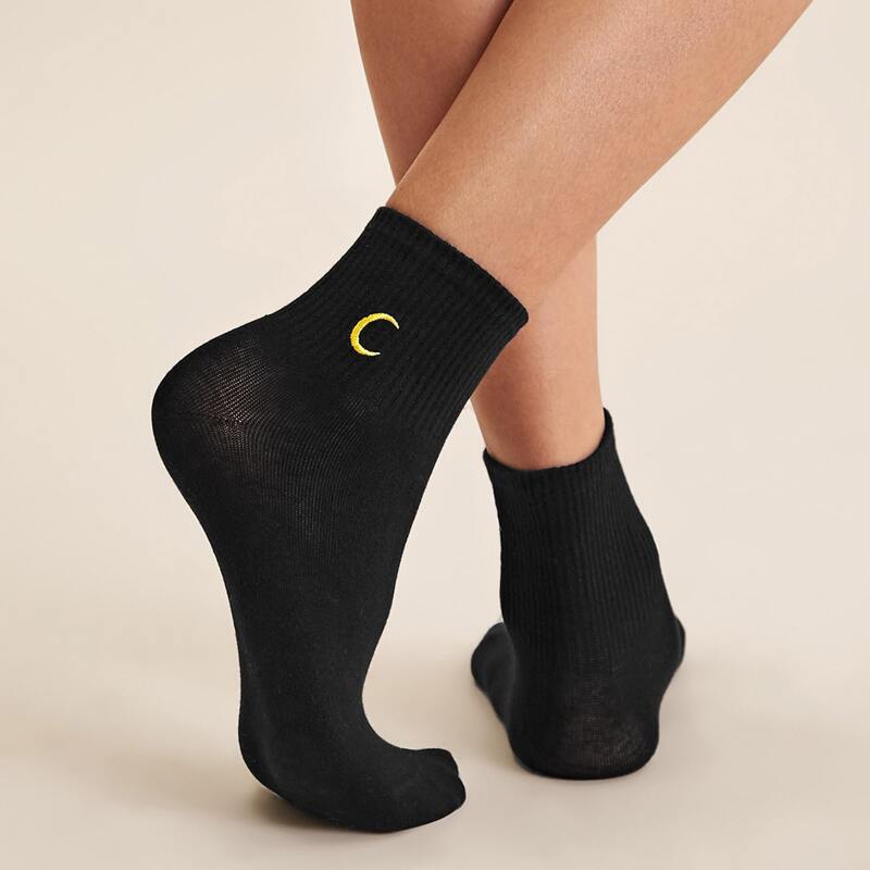 

1pair Moon Embroidery Socks, Black