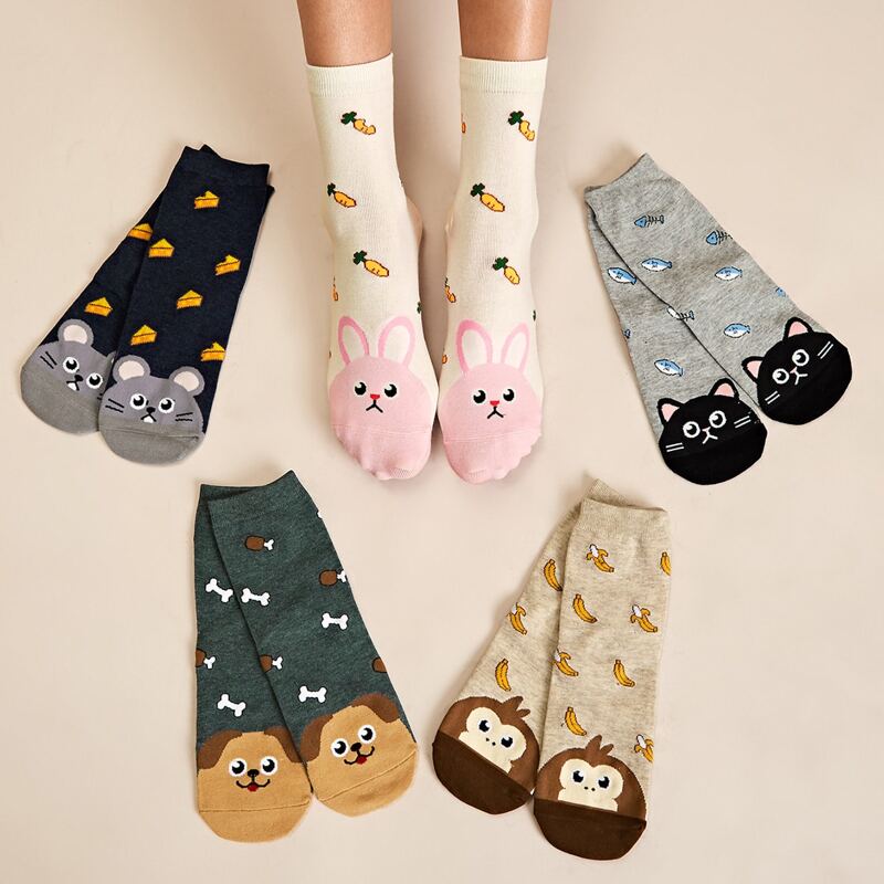 

5pairs Rabbit & Rat Pattern Socks, Multicolor