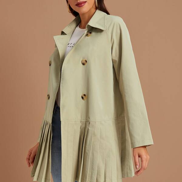 

Double Breasted Raglan Sleeve Pleated Hem Trench Coat, Khaki