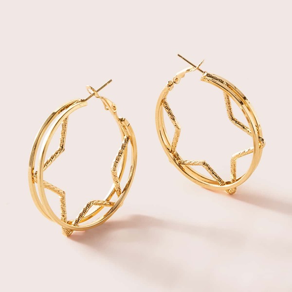 

1pair Textured Star Shaped Hoop Earrings, Gold