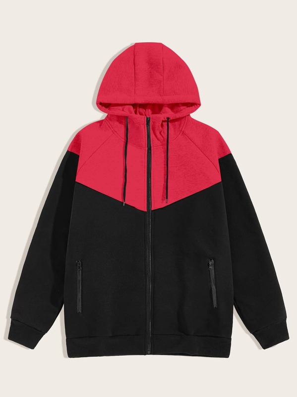 

Men Contrast Panel Zip Up Drawstring Hoodie, Multicolor
