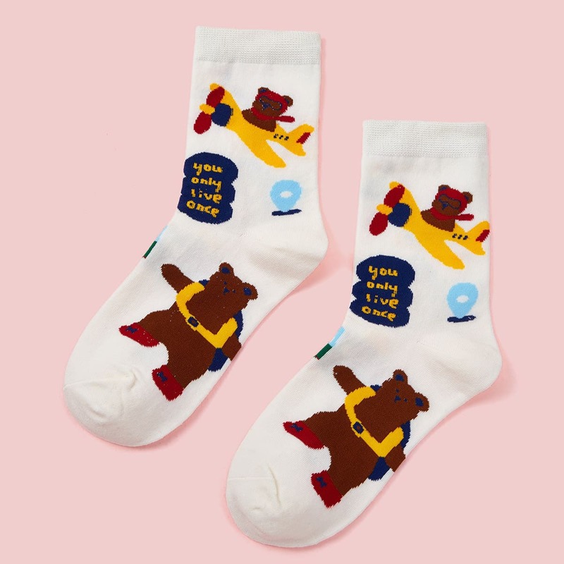 

1pair Cartoon Bear Pattern Socks, Multicolor