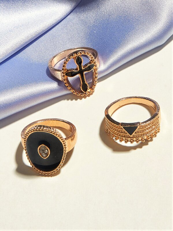 

3pcs Rhinestone Decor Textured Ring, Multicolor
