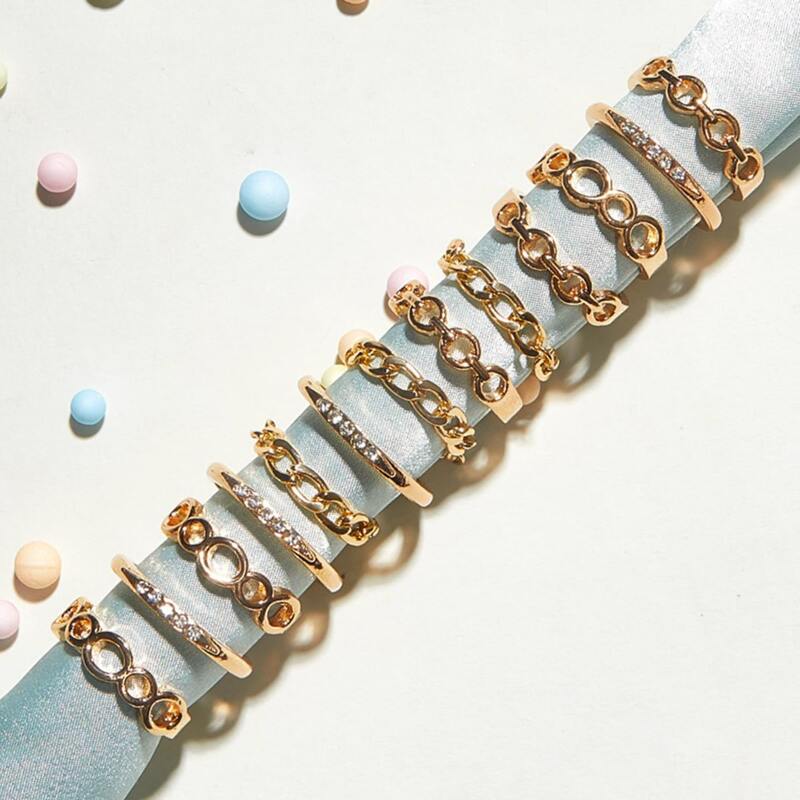 

13pcs Rhinestone Decor Chain Design Ring, Gold