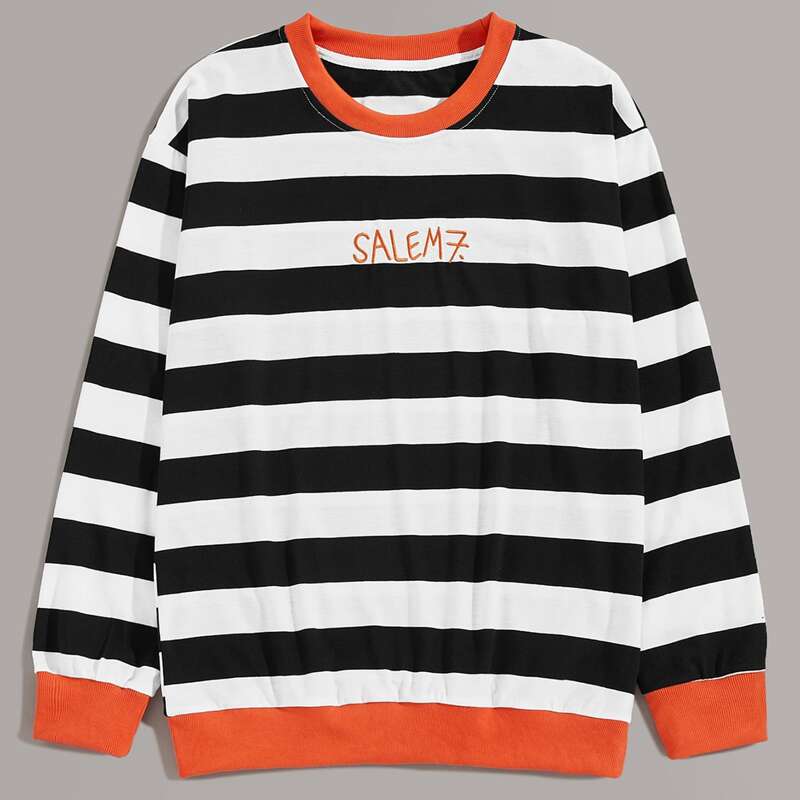 

Guys Letter Embroidered Striped Sweatshirt, Black and white